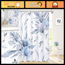 Extra Long Boho Floral Shower Curtain 72x84 - Blue Grey Watercolor Design, Chic — custom printed polyester bath curtain