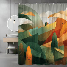Abstract Landscape Shower Curtain Green Orange Art Print — custom printed polyester bath curtain