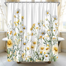 Daisy Shower Curtain Rustic White Floral Yellow Farmhouse Botanical Wildflowe Na — custom printed polyester bath curtain