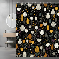 Floral Tulip Print Shower Curtain Black Yellow White Leaf Pattern — custom printed polyester bath curtain