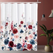 Aesthetic Navy Red Pink Rose Floral Shower Curtain Sets, Watercolor Gold Flow... — custom printed polyester bath curtain