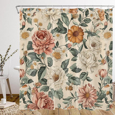 Vintage Floral Shower Curtain for Bathroom, Boho Retro Beige Flower and Leaf Pla — custom printed polyester bath curtain