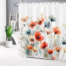Farmhouse Blue Leaf Orange Wildflower Shower Curtain Set for Bathroom Decor — custom printed polyester bath curtain