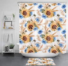 Vintage Blue Floral Yellow Sunflower Shower Curtain Set for Bathroom Decor — custom printed polyester bath curtain