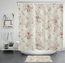 Chic Vintage Green Leaves Pink Floral Shower Curtain Set for Bathroom Decor — custom printed polyester bath curtain