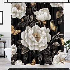 Goaok Black And Gold Boho Floral Shower Curtain Vintage Unique Dark Flowers — custom printed polyester bath curtain