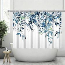 Blue Eucalyptus Leaves Bathroom Window Curtain Waterproof Short Small Fabric — custom printed polyester bath curtain