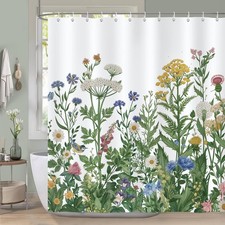 72x72 Wildflower Shower Curtain, Colorful Floral, Herbs, Green Leaves, 12 Hooks — custom printed polyester bath curtain