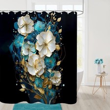 Floral Shower Curtain White Teal Blue Gold Leaves Hooks Fabric 72x72 Inch — custom printed polyester bath curtain