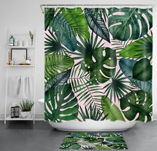 Western Country Botanical Palm Leaf Pink Shower Curtain Set for Bathroom Decor — custom printed polyester bath curtain