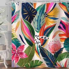 Colorful Floral Shower Curtain, Boho Abstract Art Modern Asthetic Plant Leaf ... — custom printed polyester bath curtain