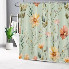 Garden Sage Green Leaf Yellow Wildflower Shower Curtain Set for Bathroom Decor — custom printed polyester bath curtain