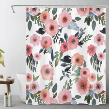 Country Style Watercolor Pink Wildflower Shower Curtain Set for Bathroom Decor — custom printed polyester bath curtain