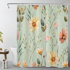 Garden Sage Green Leaf Yellow Wildflower Shower Curtain Set for Bathroom Decor — custom printed polyester bath curtain