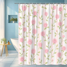 Pink Floral Shower Curtain with Vertical Stripes — custom printed polyester bath curtain