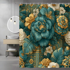 Teal Gold Floral Shower Curtain, Large Botanical Print — custom printed polyester bath curtain