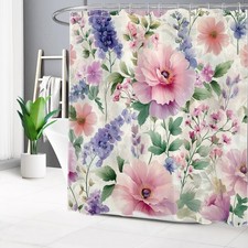 Watercolor Botanical Pink Floral Cream Shower Curtain Set for Bathroom Decor — custom printed polyester bath curtain