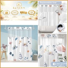 No Hook Shower Curtain Liner Set Blue Beige Floral 71x74 Waterproof Snap In — custom printed polyester bath curtain