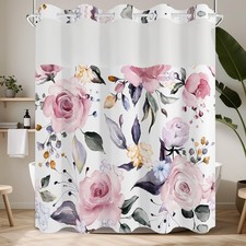 Boho Pastel Pink Floral No Hook Shower Curtain and Liner Set, 71x74 — custom printed polyester bath curtain