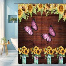 Butterfly and Sunflower Shower Curtain for Bathroom Decor — custom printed polyester bath curtain
