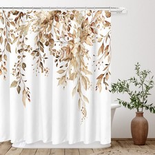 Tan Eucalyptus Shower Curtain Sets, Watercolor Brown Leaves on The Top Plant ... — custom printed polyester bath curtain