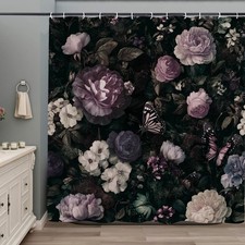 Black Floral Shower Curtain, Boho Bloosom Flower Leaves Bathroom Curtain, Wat... — custom printed polyester bath curtain