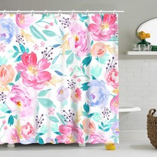 Pink Floral Shower Curtains for Bathroom Flower Shower Curtain Watercolor Gir... — custom printed polyester bath curtain
