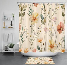 Rustic Plant Leaf Yellow Wildflower Beige Shower Curtain Set for Bathroom Decor — custom printed polyester bath curtain