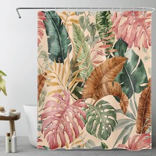 Western Tropical Plant Palm Leaf on Beige Shower Curtain Set for Bathroom Decor — custom printed polyester bath curtain