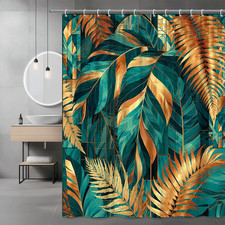 Tropical Leaves Shower Curtain Teal Gold Botanical Print — custom printed polyester bath curtain