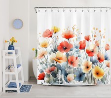 Blue Leaf Yellow and Orange Wildflower Shower Curtain Set for Bathroom Decor — custom printed polyester bath curtain