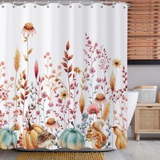 Fall Shower Curtain Watercolor Autumn Pumpkins Fabric Hooks 72x72 Inch Box — custom printed polyester bath curtain