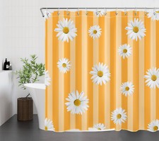 Yellow Daisy on Orange Abstract Striped Shower Curtain Set for Bathroom Decor — custom printed polyester bath curtain