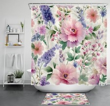 Watercolor Botanical Pink Floral Cream Shower Curtain Set for Bathroom Decor — custom printed polyester bath curtain