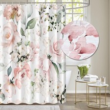 Pink White Roses Floral Faux Linen Shower Curtain Sets 71x71 Inch With Hooks — custom printed polyester bath curtain