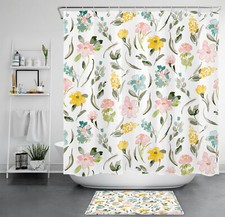 Country Plant Pink and Yellow Wildflower Shower Curtain Bathroom Accessories Set — custom printed polyester bath curtain