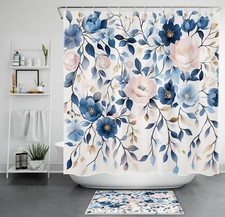Watercolor Plant Blue Leaves Pink Floral Shower Curtain Set for Bathroom Decor — custom printed polyester bath curtain