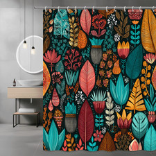 Boho Floral Leaves Shower Curtain, Colorful Botanical Print — custom printed polyester bath curtain