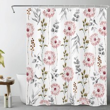 Botanical Grey Leaf Pink Wilddlower Shower Curtain Bathroom Accessories Set — custom printed polyester bath curtain