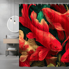 Red Koi Fish Shower Curtain Floral Pond Print — custom printed polyester bath curtain