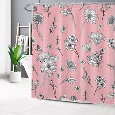 Spring Black White Wildflower on Pink Shower Curtain Bathroom Accessories Set — custom printed polyester bath curtain