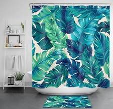 Western Sage Green Monstera Leaf Beige Shower Curtain Set for Bathroom Decor — custom printed polyester bath curtain