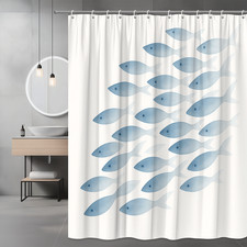 Blue Fish Shower Curtain - Ocean Theme, Waterproof Fabric — custom printed polyester bath curtain