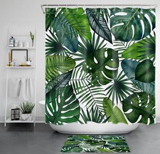 Tropical Monstera Green Palm Leaf Plant Shower Curtain Set for Bathroom Decor — custom printed polyester bath curtain