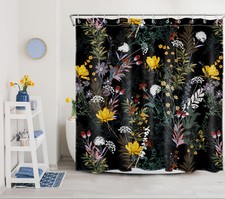 Rustic Green Leaf Yellow Floral on Black Shower Curtain Bathroom Accessories Set — custom printed polyester bath curtain