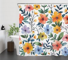 Farmhouse Green Leaf Orange Wildflower Shower Curtain Set for Bathroom Decor — custom printed polyester bath curtain