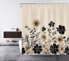 Watercolor Black and Gold Flower Beige Shower Curtain Set for Bathroom Decor — custom printed polyester bath curtain