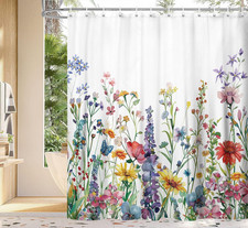 Farmhouse Rustic Boho Floral Shower Curtain, Colorful Watercolor Wildflower Flow — custom printed polyester bath curtain