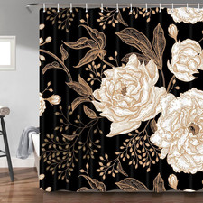 Black Gold Floral Shower Curtain, Boho Dark Roses Leaves Botanical Aesthetic Flo — custom printed polyester bath curtain