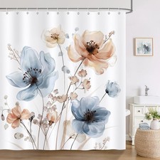Watercolor Floral Shower Curtain Blue Tan Flower Modern Fabric 72x72 — custom printed polyester bath curtain